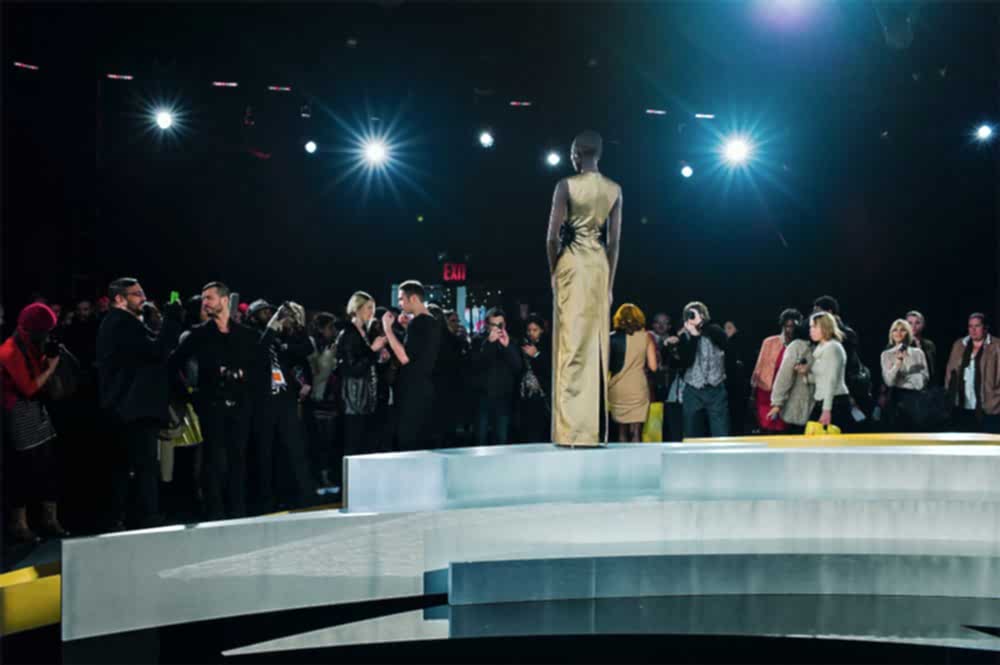 12th Febraury 2012, New York Fashion Week. The Box, End of Mathieu Mirano show. Only one model is standing on the stage and the designer is being interview. Photo by Giulia Bianchi